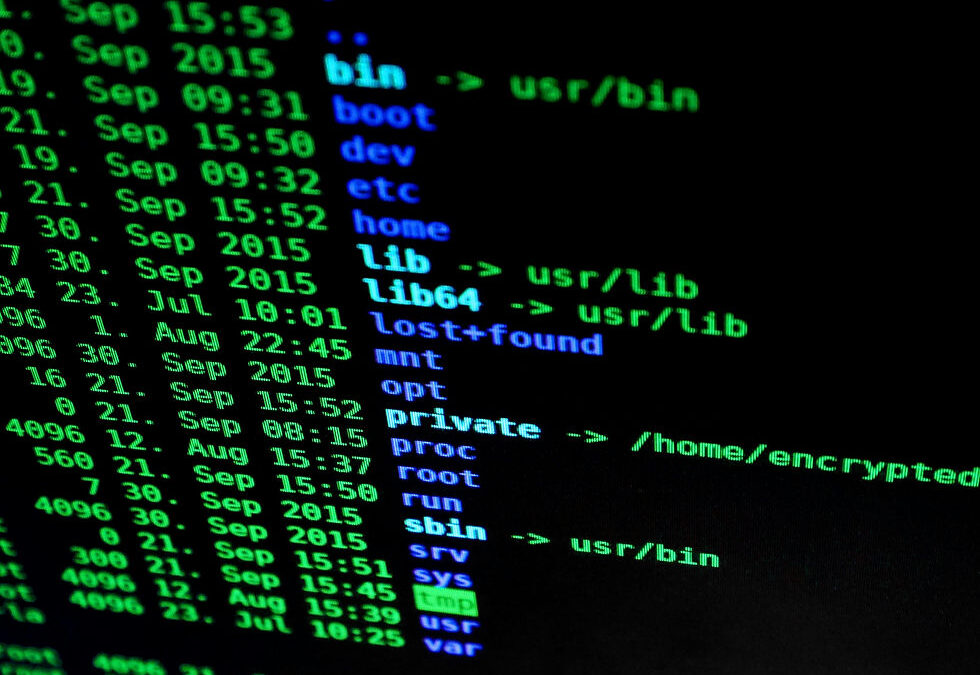 Green and blue text code on a black screen, showing dates in September, file paths, and commands. The mood is technical and focused.