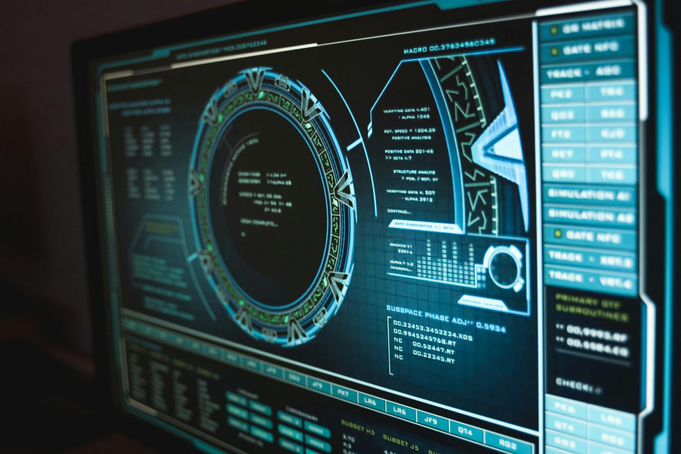 Close-up of a futuristic computer screen with blue and black interface, circular graphs, data lists, and alphanumeric codes.